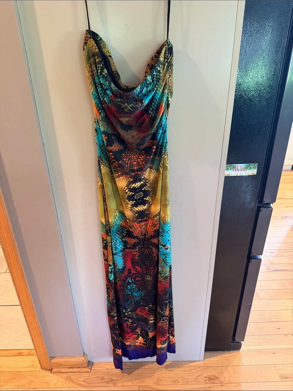 Snap Multicolor Cowl Neck Maxi Dress with Teal and Yellow Accents